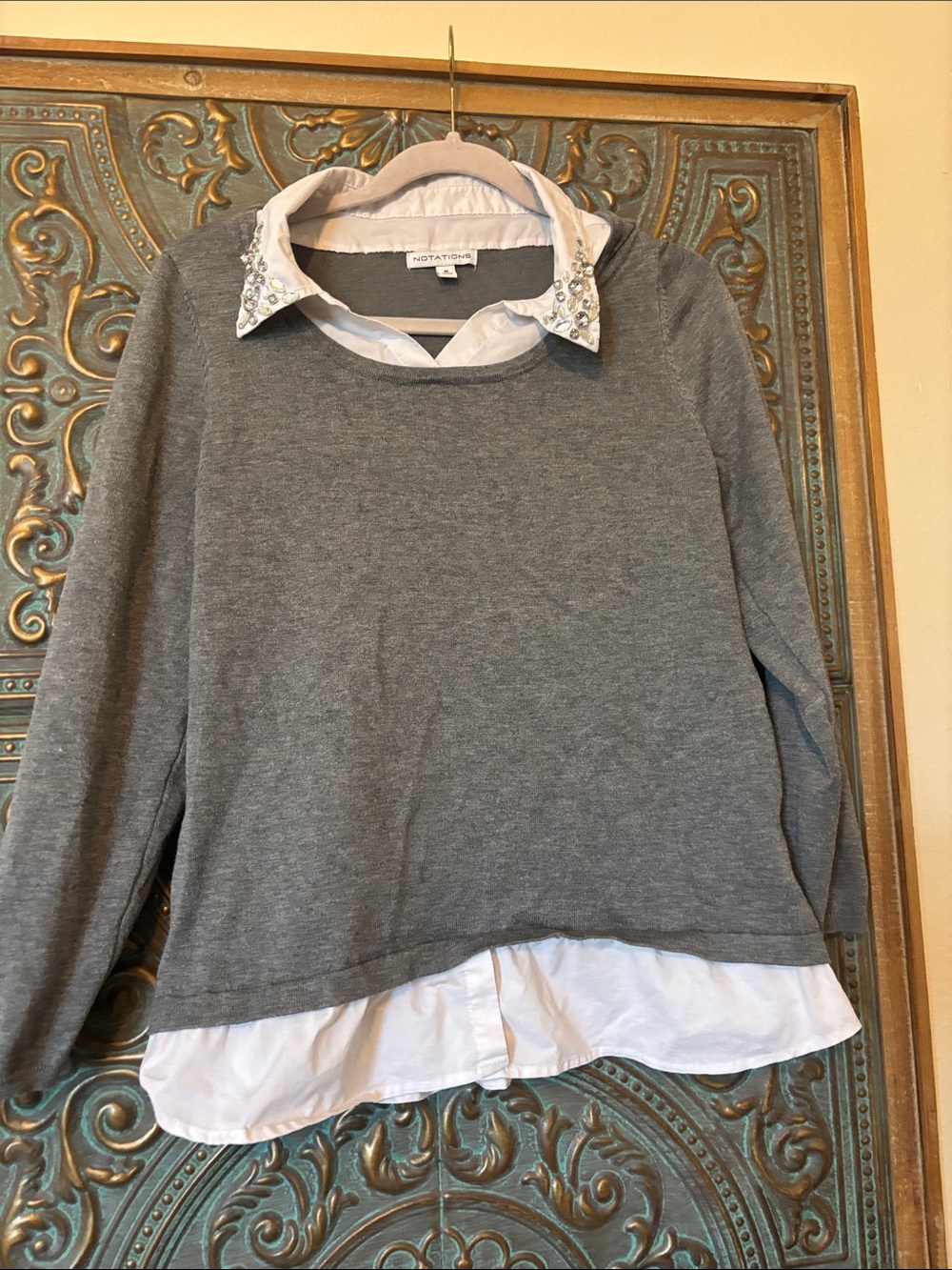 Notations Gray Layered-Look Sweater with Embellished White Collar
